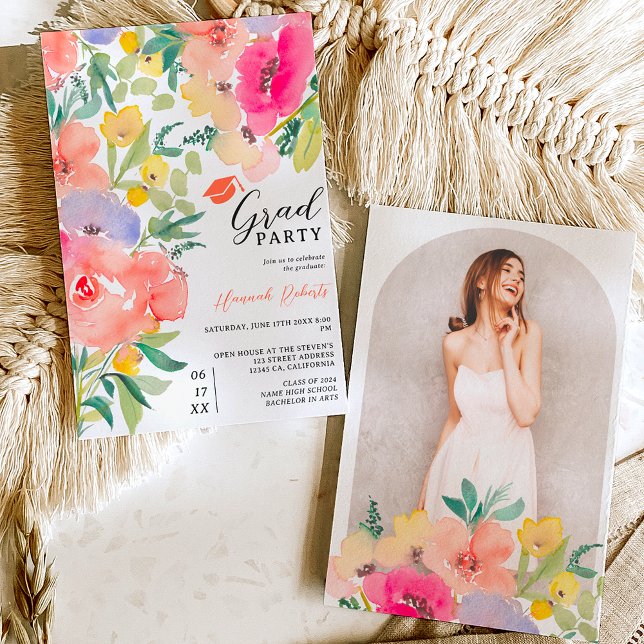 Convite Graduação floral de Jardim Botânico brilhante (Bright bold boho garden floral graduation invitation)