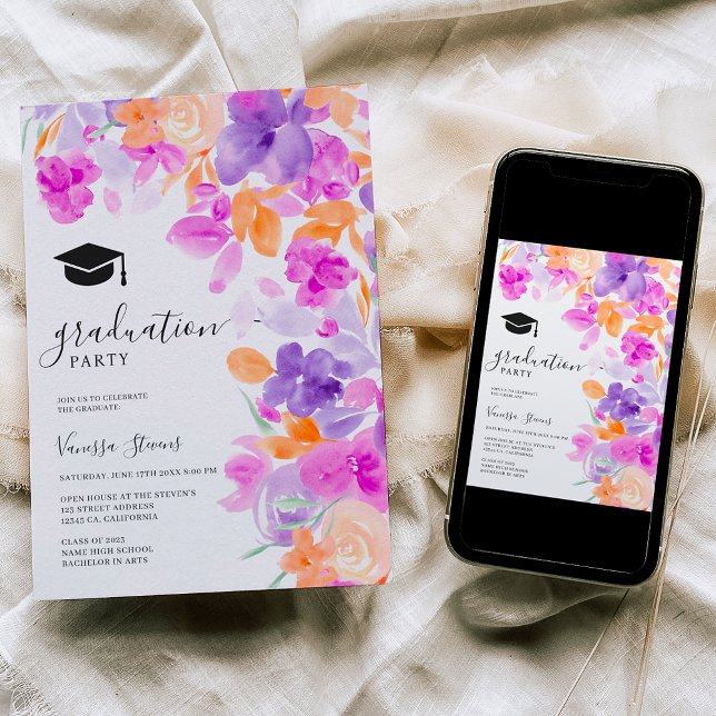 Convite Graduação floral de laranja roxo romântico pastel (Criador carregado)