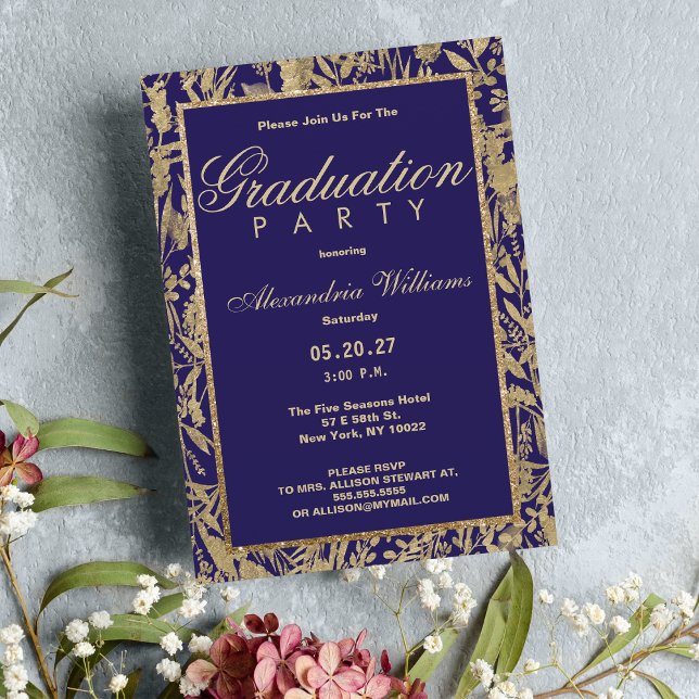 Convite Graduação floral de ouro roxo de luxo (Luxury purple gold glitter floral Graduation)