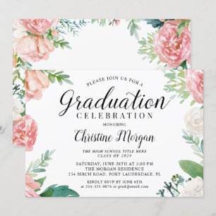 Convite Graduação Floral de Pêssego de Aquarela de Scri