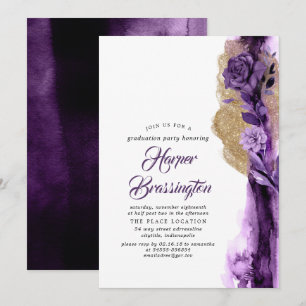 Convite Graduação Floral Dourada em Lixo e Roxo Escuro