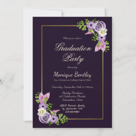Convite Graduação Floral Púrpura de Lavanda de Borda Doura