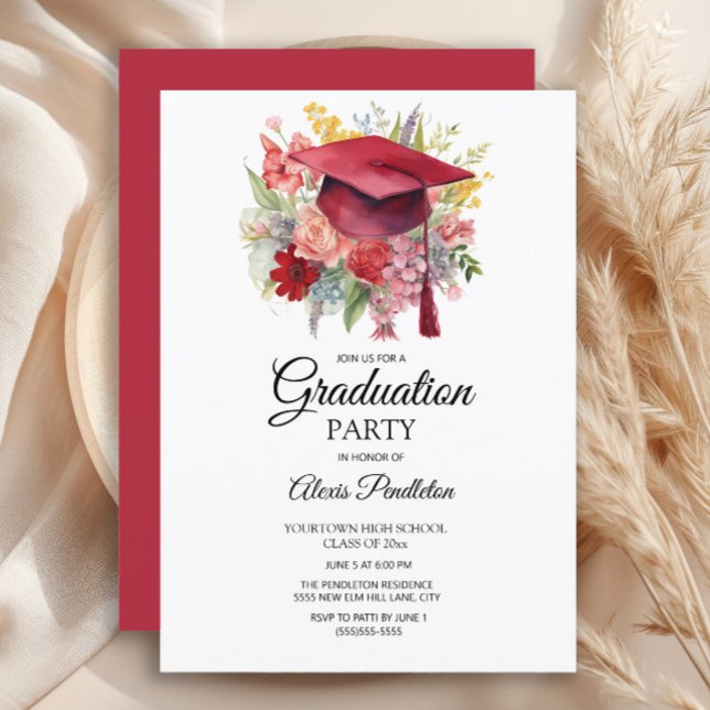 Convite Graduação Floral Rosa-Boné de formatura Vermelho (Red graduation cap party invitation)