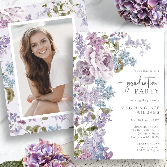 Convite Graduação Floral Roxo (Purple Floral Graduation Invitation Picture on back by Painted Paperie
)