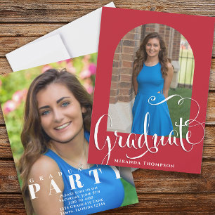 Convite Graduação Foto Caligrafia Script Vermelho Cardeal