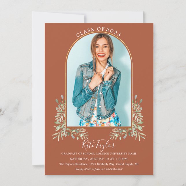 Convite Graduação Fotográfica Greenery Dourado Arch Terrac (Frente)