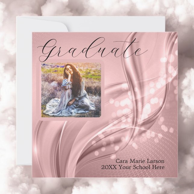 Convite Graduação Fotográfica Metálico Rosa-Rosa-Luxuoso (Dreaming of a bright future. Graduation Announcement and Invitation.)