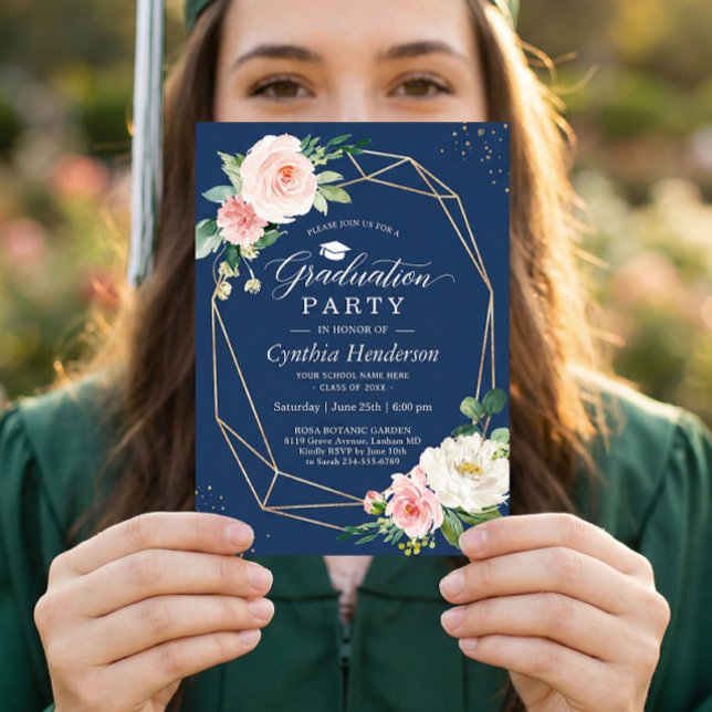 Convite Graduação Geométrica Floral Cor-de-rosa-Blush Azul (Criador carregado)