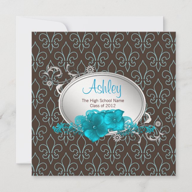 Convite Graduação Girls Teal Blue Brown Fleur De Lis (Frente)