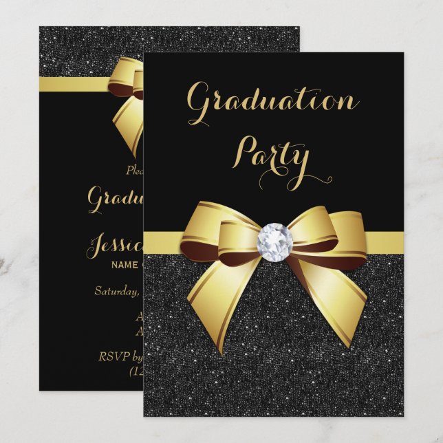 Convite Graduação Glamourosa com Arco de Joia Dourada e Br (Frente/Verso)