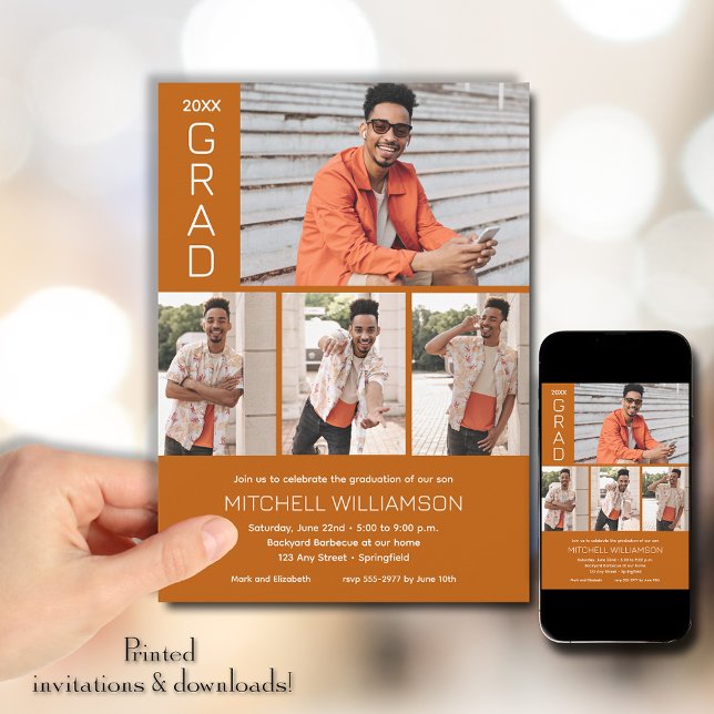 Convite Graduação Laranja De Foto Queimada Moderna 4 (Modern 4 Photo Burnt Orange Graduation Invitations)