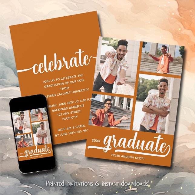 Convite Graduação Laranja Queimada por Colagem de Fotos Mo (Modern 4 photo collage burnt orange graduation party invitations)