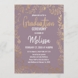 Convite Graduação Lilac do Ombre Mauve Ombre Floral Dourad