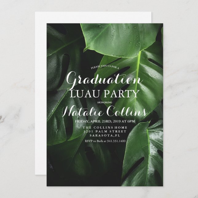 Convite Graduação Luau Palm Tropical Leaf Invitation (Frente/Verso)