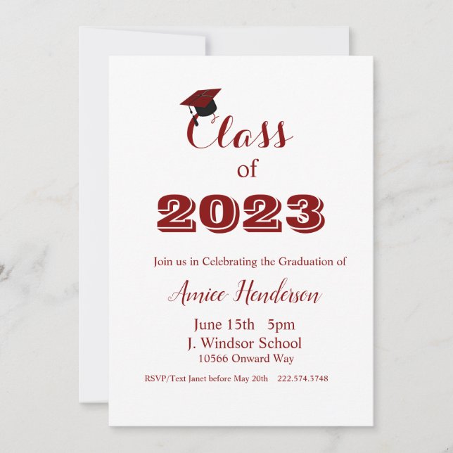 Convite Graduação Maroon e White Invitation Classe de 2024 (Frente)