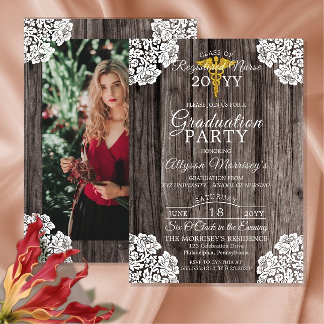 Convite Graduação Médica na Escola de Enfermagem de Fotos  (Lace and Wood Rustic Nurse Nursing School Graduate Graduation Announcement |  Party Invitation)