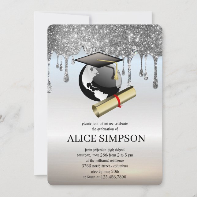 Convite Graduação Mínima Clássica Chic Cute Moderna Silver (Frente)