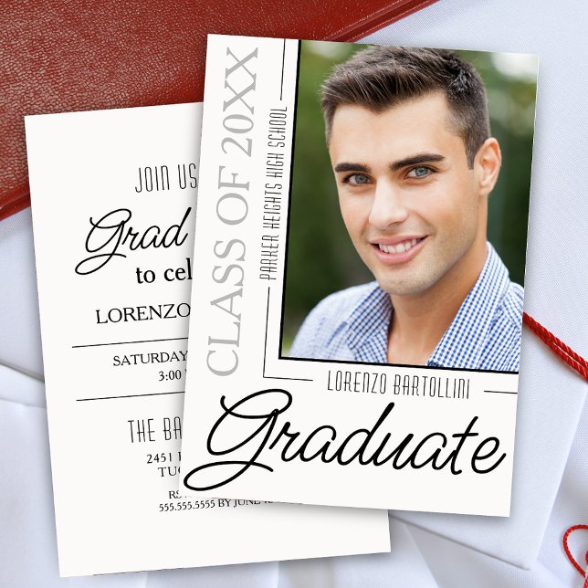 Convite Graduação Mínima Moderna 1 Foto Preta e Branca (Modern Minimal Black and White Grad Party Graduation Announcement Invitation)