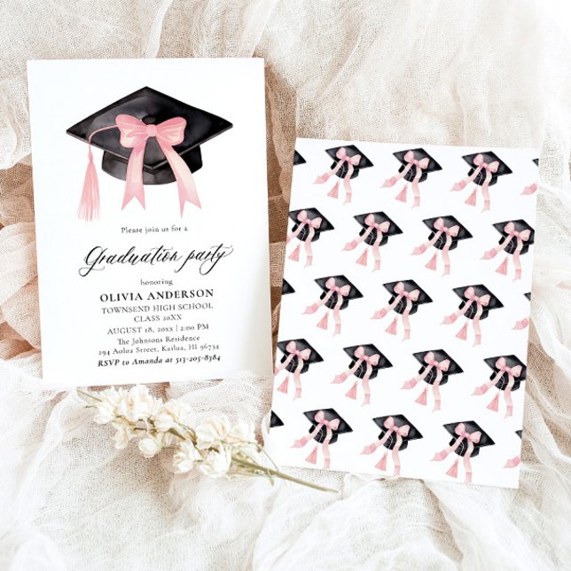 Convite Graduação moderna de Arcos cor-de-rosa (Watercolor Modern Elegant Trendy Stylish Pink Bow Graduation Invitation)