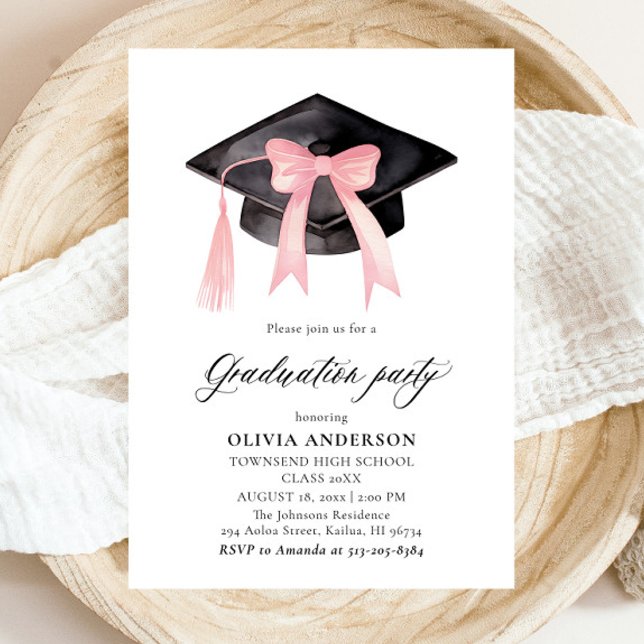 Convite Graduação moderna de Arcos cor-de-rosa (Watercolor Modern Elegant Trendy Stylish Pink Bow Graduation Invitation)