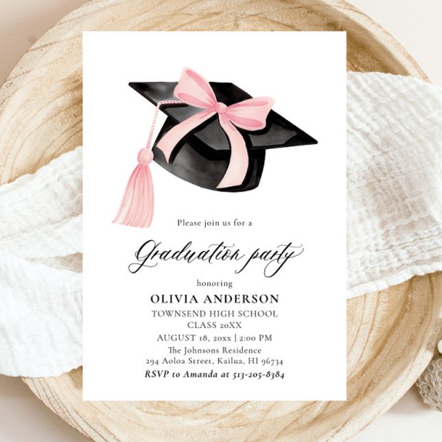 Convite Graduação moderna de Arcos cor-de-rosa (Watercolor Modern Elegant Trendy Stylish Pink Bow Graduation Invitation)