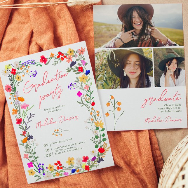 Convite Graduação moderna de flores silvestres brilhantes  (Modern chic boho bright wild flowers graduation invitation)