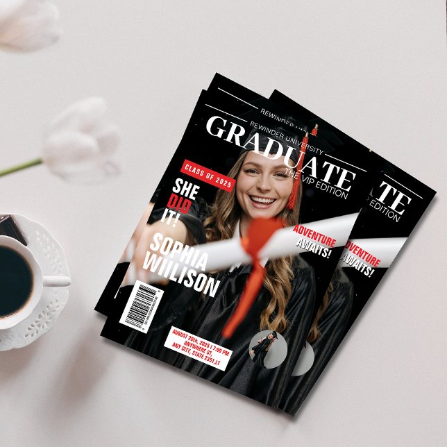 Convite Graduação moderna de fotos em preto e vermelho (Criador carregado)