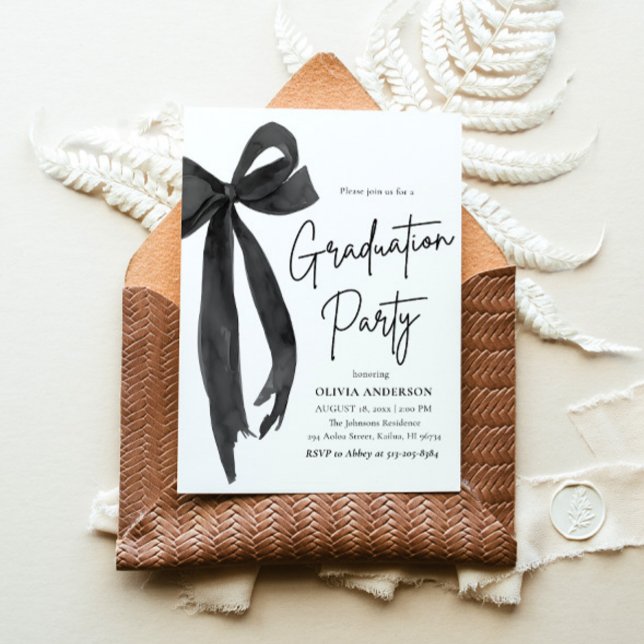 Convite Graduação moderna de Na moda de Arco preto para te (Watercolor Modern Elegant Trendy Stylish Ribbon Black Bow Coquette Grad Party Graduation Invitation)
