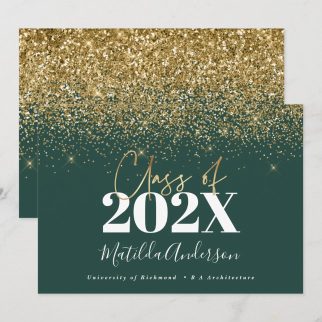 Convite graduação moderna e elegante em letra dourada verd (Frente/Verso)
