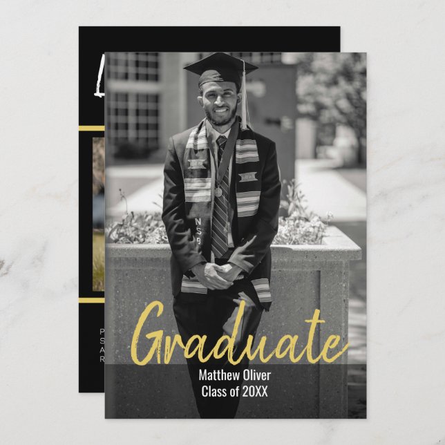 Convite Graduação Moderna em Preto e Dourado com Duas Foto (Frente/Verso)