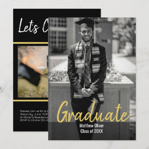 Convite Graduação Moderna em Preto e Dourado com Duas Foto