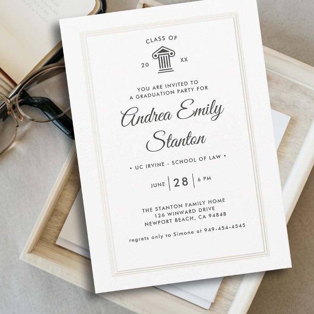 Convite Graduação na Escola de Direito Triplo Clássico Ele (law school graduation party invitation court house class of faux embossed frame elegant template)