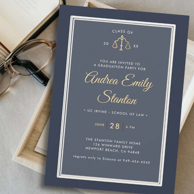 Convite Graduação na Faculdade de Direito Douradas Escalas (law school graduation party invitation scales of justice gold navy embossed frame elegant template)