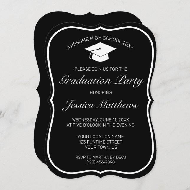 Convite Graduação Negra Minimalista Moderna (Frente/Verso)