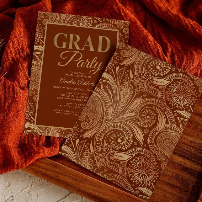 Convite Graduação Personalizada Burgundy Gold Paisley (Criador carregado)