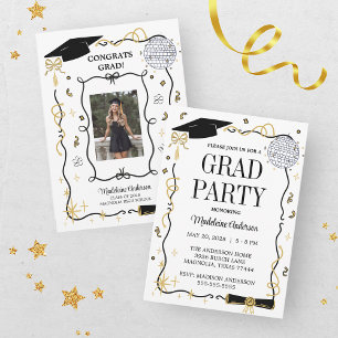 Convite Graduação Photo Doodle Preto Dourado Caprichoso