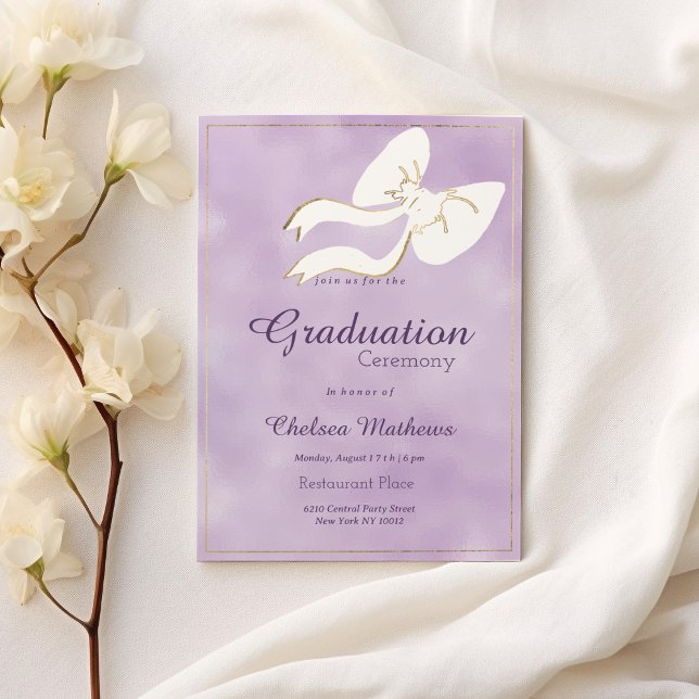 Convite Graduação por lavanda de arco de ouro branco-Glam (Glam white gold bow lavender watercolor Graduation )