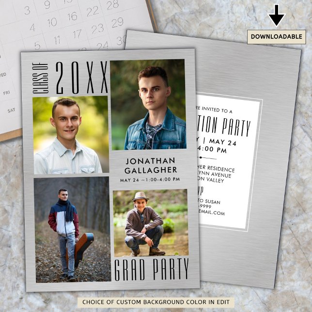 Convite Graduação Prata Metálica Moderna Esfomeada Preta (Criador carregado)