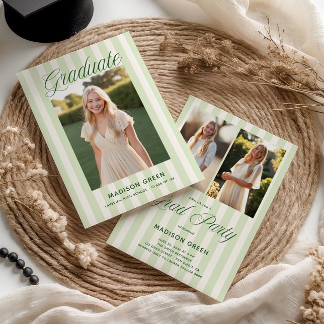 Convite Graduação Preppy com Listras Verdes (Criador carregado)