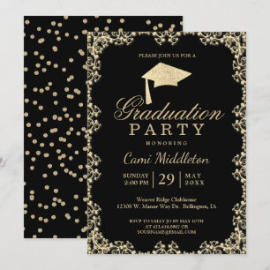 Convite Graduação preta e Dourado elegante