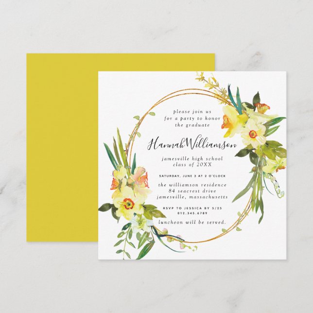 Convite Graduação Quadrada de Daffodil Amarelo (Frente/Verso)