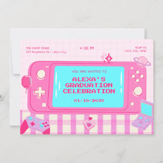 Convite Graduação retrógrada de jogos de vídeo rosa