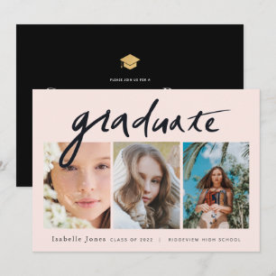 Convite Graduação Rosa com Script Manuscrito de 3 Fotos