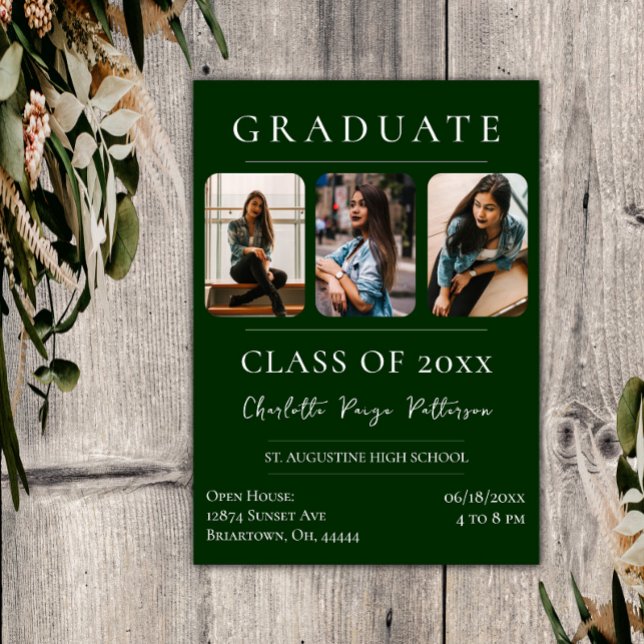 Convite Graduação simples de três fotos | Emerald Green (Emerald Green Simple Three Photo Graduation Invitation)