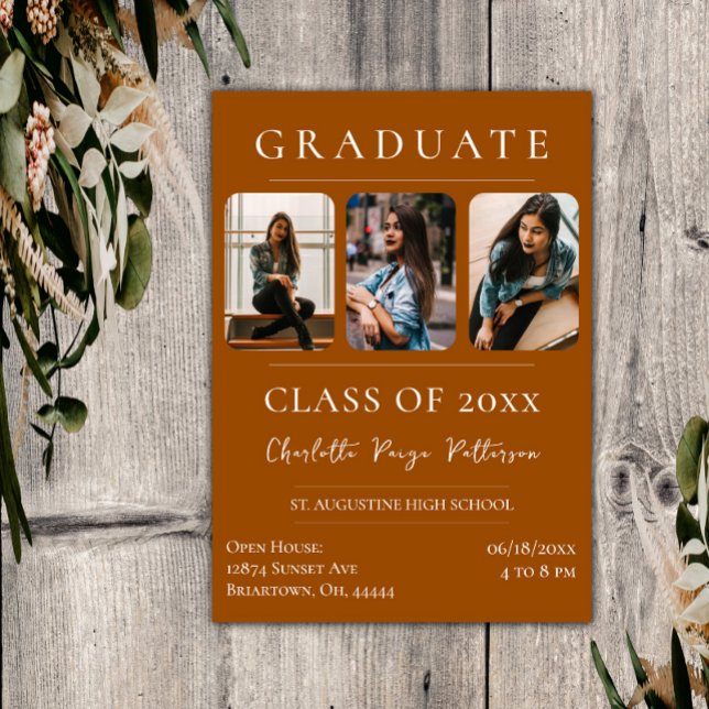 Convite Graduação simples de três fotos | Laranja queimada (Burnt Orange Simple Three Photo Graduation Invitation)
