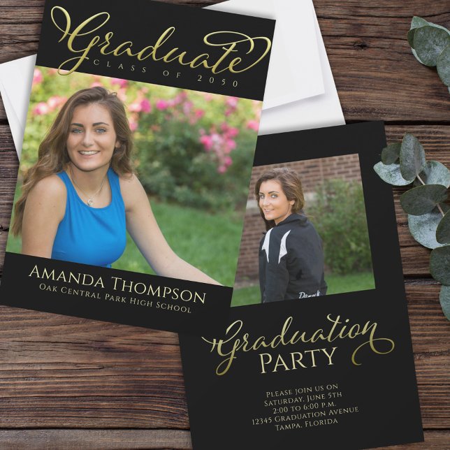Convite Graduação Simples Script Caligrafia Dourada Preta (Elegant black and gold graduation photo party card with modern typography for Class of 2026! )