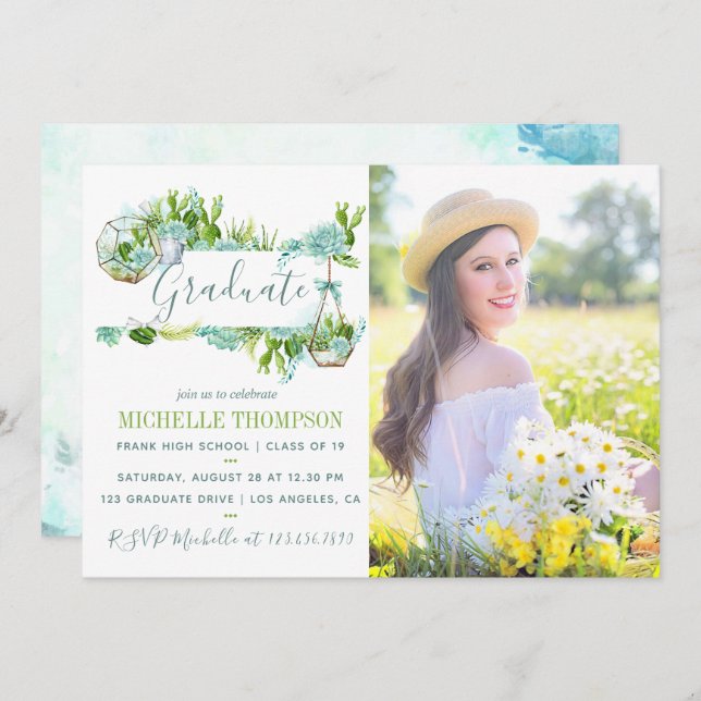 Convite Graduação Suculenta do Terrário em Vidro Aquoso (Frente/Verso)