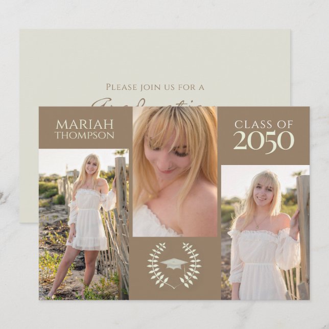 Convite Graduação Três Foto Simples Criativo Neutro (Frente/Verso)