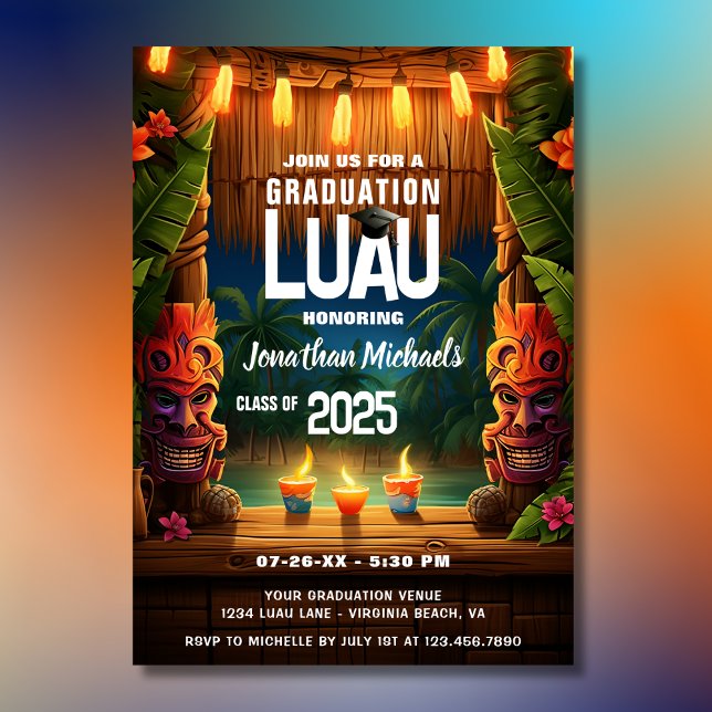 Convite Graduação Tropical Tiki Hawaiian Island Luau (Front - Tropical Tiki Hawaiian Island Luau Graduation Invitation)