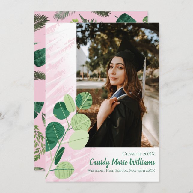Convite Graduação Verde Botânica Elegante Rosa (Frente/Verso)